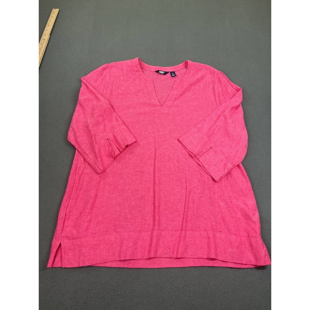 Lands End Tunic Women XL Pink Linen Blend 3/4 Sleeve Split Neck Pockets Relaxed